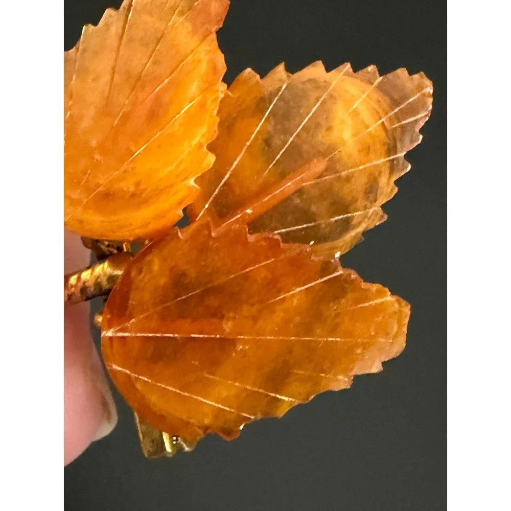 Vintage Amber Brooch Leaf Gold Tone Fall